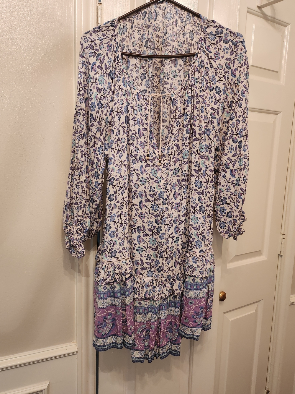 Spell White and Lavender Dalalia Floral Long Sleeve Dress Med